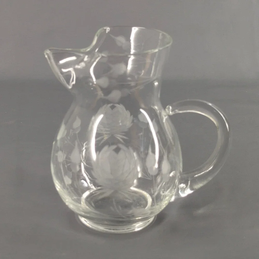 Vintage Etched Glass Pitcher with Ice Lip Floral Thistle Clear Serving Carafe